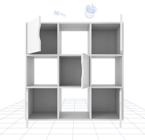 FLEXISPOT Bücherregal mit 5 Türen und 9 Fächer, 90X29X90 cm Aktenschrank Bücherschrank Standregal Raumteiler Büroregal, Aufbewahrungsregal für Wohnzimmer, Schlafzimmer und Büro weiß