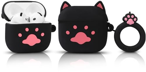 LEWOTE Custodia protettiva sottile compatibile con Apple Airpods 4 con portachiavi (gatto nero)