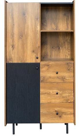 Azkoeesy Sideboard Highboard 160 cm hoch, mit 3 Schubladen und 2 Türen, offenen Regalen, Metallbeinen und Bodenschutz, Holzmuster-Design, für Wohnzimmer und Schlafzimmer, Badezimmer