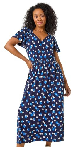 Roman Originals Shirred Waist Dress for Women UK Ladies Midi Maxi Summer Spring Tiered Frill Hem Empire Waist Short Sleeve V Neck Gathered Skirt Bohemian Holiday - Petite Navy Blue - Size 10