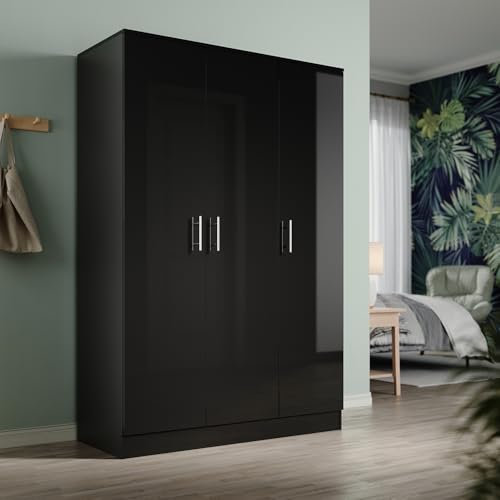ZANOFIRA 3 Doors Chest of Drawers with Hanging Rail and 5 Shelves, Modern High Gloss & Matt Chest of Drawerss with Large Capacity for Bedroom, Black