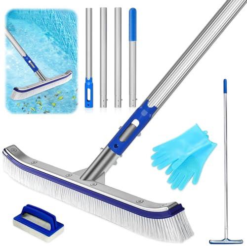 BNGXR Brosse de Nettoyage pour Piscine de 43 cm, Brosse Piscine en avec Barre en Aluminium Réglable, avec Gants et Brosse éponge, pour Nettoyer Le Fond et Les Parois de la Piscine et Sols sans Effort