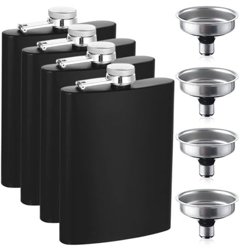 Wapasezyar 4 petacas de acero inoxidable con embudo, 227 ml, color negro, adecuado para llevar alcohol y licor, juego de botellas portátiles para hombres y mujeres