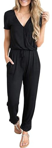CLOUSPO Women Ladies Playsuit Jumpsuits Dungarees for Women Casual Short Sleeve Adjustable Waistband Romper with Pockets