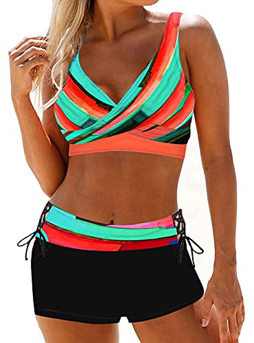 Singular-Point Sport Bikini Damen Set Push Up Badeanzug Zweiteiler V-Ausschnitt Shaping Bademode Hoher Taille Bauchweg Badeshorts Bunt Muster Badebekleidung Neckholder Swimsuit Kordelzug