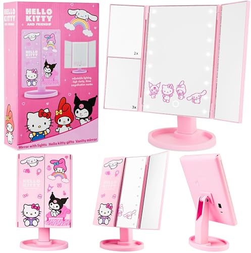 Get Trend Hello Kitty Sanrio Vanity Mirror with 16 LED Lights, Tri-Fold Light Up Makeup Mirror with 3 Magnification Modes & Touch Sensor, Kawaii Gifts