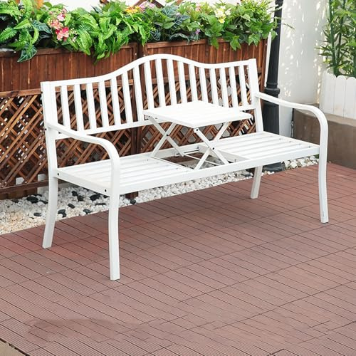 59 Outdoor Metal Garden Bench with Pop-Up Table Weatherproof Cast Iron Loveseat Chair for Patio Yard Balcony Deck - Durable & Stylish Seating (White)