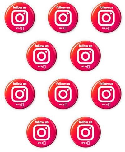 Vorteilspack Englisch: 10x NFC Sticker „Follow us“ – Instagram Aufkleber zum Selbstprogrammieren –3 cm Ø - kontaktlos verbinden, wiederbeschreibbar, 3D Effekt, für Events & Promotion