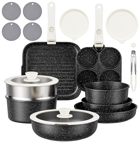 RIOVARM Inducción Baterías de cocina con asas Desmontables, Antiadherente Juego de ollas y sartenes con Tapas, Sartén grill Para todas las estufas Sartén Tortilla Sin PFOA Sartenes para acampar