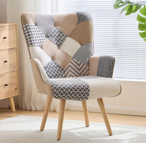 XH.Easy Go Patchwork Sessel, Gepolsterter Loungesessel mit hoher Rückenlehne und Holzbeinen, Ohrensessel für Wohnzimmer und Schlafzimmer, Grau