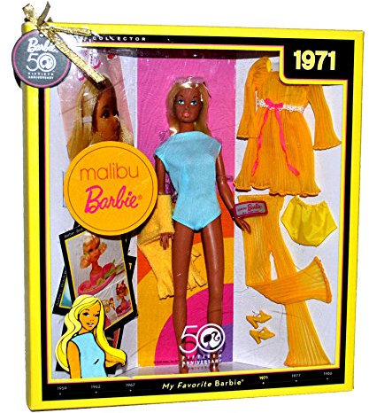 Barbie - Mattel Year 2008 Barbie 50th Anniversary Collector Edition My Favorite Barbie Series 12 Inch Doll Set - 1971 Reproduction Malibu Barbie with Aqua Blue Bathing Suit, Yellow Towel, Lemon Kick Fashion Outfits, Pair of High Heel Shoes and Sunglasses (N4977)