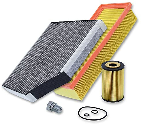 BESTPRICE Set di filtri di ispezione con 1x filtro aria, 1x filtro abitacolo con carboni attivi, 1x vite filtro olio e anello di tenuta compatibile con AUDI A4 B8 (8KH) (8K2) (8K5), A5, Q5 (8RB)