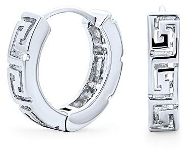 Ausgeschnittenes Europäisches Griechisches Schlüsselmuster Huggie Hoop Ohrringe Für Frauen Und Männer .925 Sterling Silber Polierte Scharnierdurchmesser 0,60 Zoll