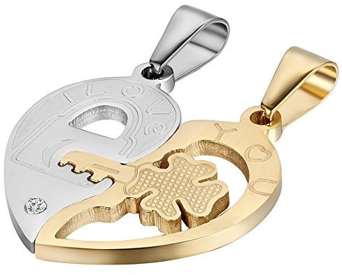 JewelryWe 2PCS Couples Stainless Steel Necklace Set Open Your Heart I Love You Key and Lock Pendants with 18 and 22 Inch Chains (Blue & Silver)
