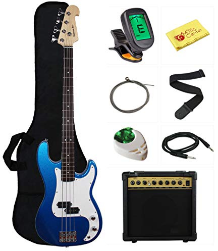 Stedman Beginner Series Bass Guitar Bundle with 15-Watt Amp, Gig Bag, Instrument Cable, Strap, Strings, Picks, and Polishing Cloth - Metallic Blue