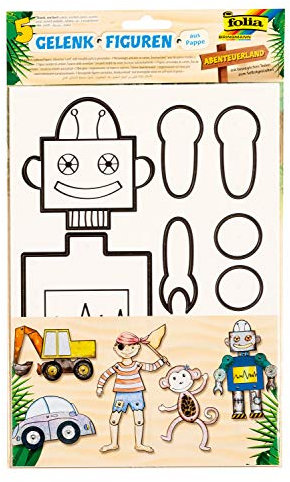 folia 23319 - Gelenkfiguren Abenteuerland, Pappfiguren mit vorgedruckten Konturen und Gelenkklammern, zum Bemalen und Gestalten, 5 Stück, Pirat, Affe, Roboter, Bagger und Auto