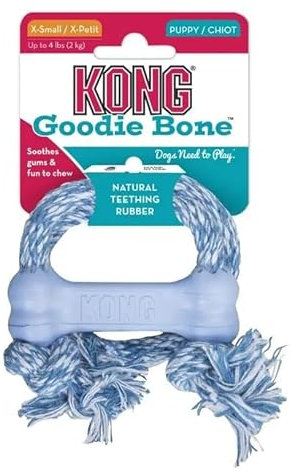KONG Puppy Goodie Bone mit Seil – Zahnungsspielzeug für Welpen aus weichem Kautschuk – Hundespielzeug zur Zahnreinigung – für sehr kleine Hunde & Welpen bis 2 kg – rosa/blau