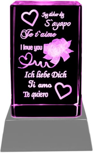 Kaltner Präsente Stimmungslicht - Das perfekte Geschenk: Kristall Glasblock mit 3D Gravur/Ich liebe dich Geschenke für Frauen, Männer/Jahrestag Geschenk für Sie, Ihn/Gravur Herz/Nachtlicht
