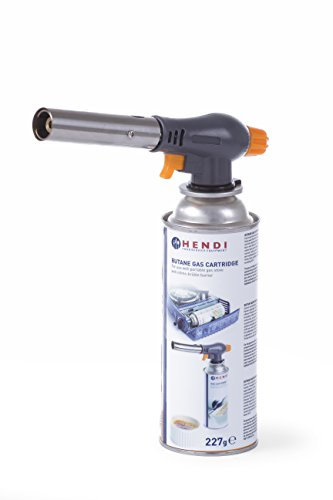 HENDI Crème-Brûlée Brenner flimmerfrei mit Nachfüllkartusche, In jedem Winkel verwendbar, aus Gaskartusche aufsetzen, Küchenbrenner, Flambierbrenner, Gasbrenner, Butangas, 190x65x(H)250mm