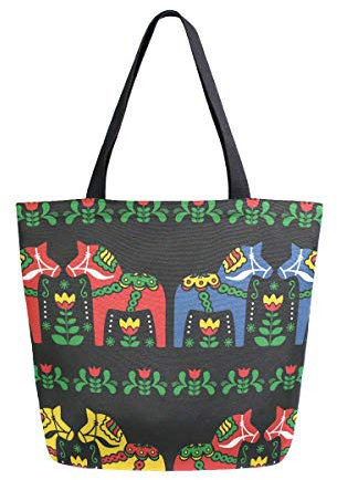 Swedish Dala Pferd Folk Canvas Tote Tote Tragetasche Schultertasche für Einkaufen Reisetasche Wiederverwendbare Lebensmitteltaschen