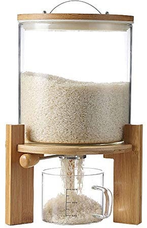 Flour and Cereal Container, 5L/8L, Rice Dispenser, Creative Glass Food Storge Container for Kitchen Organization and Pantry Store, Airtight Lid and Wooden Stand5L