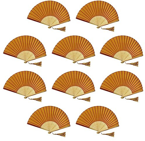 FANSOF.FANS Pack of 10 Fabric Handheld Fan with a Tassel Grade A Bamboo Ribs Party wedding Favour (Dark Gold Yellow)…