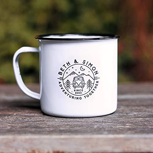 eBuyGB Personalised Adventuring Together Camper Van Mug, 13oz Twilight Travel Camping Enamel Coffee Mug, Couples Metal 380 ml Tea Cup, Couple Gifts, 10th Anniversary Tin Gift (1 Mug)