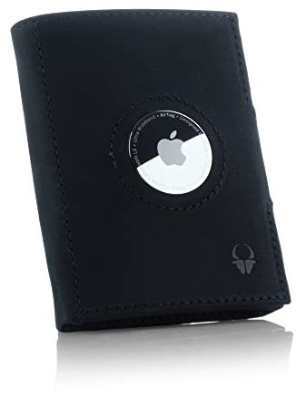 DONBOLSO Wallet mit Airtag - Mini Portemonnaie Vintage-Schwarz mit Münzfach für 15 Karten, RFID-Schutz - Echtleder Herren Geldbörse, Kompakt und Schlank - Portafoglio Uomo Pelle, 90 x 71 mm