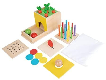 Adena Montessori Spielzeug ab 1 2 3 Jahr,Montessori Spielzeug Baby EnthäLt Karotten Ernte Spiele, Montessori Münzen Box für 6-12 Monate, Motorikspielzeug für 6 Monate,Objekt permanenz-Box(5-In-1)