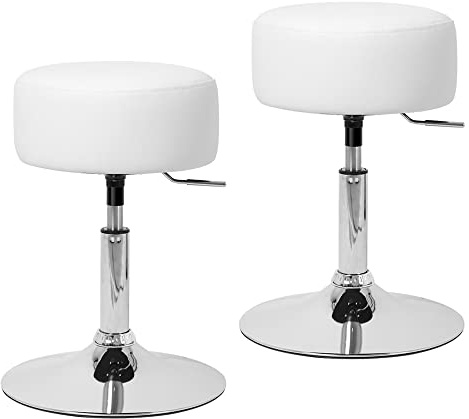 ML-Design Schminkhocker 2er Set Weiß aus Stahl verchromt, Sitzhocker rund Ø33cm, Schminktisch Hocker höhenverstellbar 52–65cm, drehbar, Ergonomischer Polsterhocker mit Kunstlederbezug, Antirutschgummi