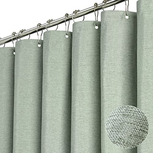 BTTN Rideau de douche en tissu épais texturé en lin avec 12 crochets en plastique, lavable en machine, rideaux décoratifs de luxe pour salle de bain, hôtel, spa, 183 x 183 cm, vert sauge