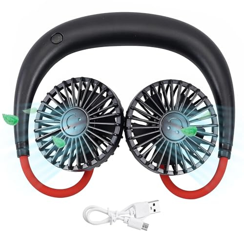 TJC Portable Neck Fan Rechargeable with LED, Holiday Essentials for Women, Round Cooling Face Fan, Hands-Free, Personal, Quiet, Mini Fan for Travel, Office, Outdoor, Indoor with 3 Speed - Black