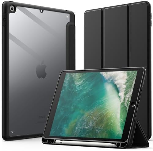 JETech Funda para iPad 9,7 Pulgadas (6.a/5.a Generación, 2018/2017) con Portalápiz, Clara Transparente Carcasa Trasera Slim Soporte Antigolpes Cover Tableta (Negro)