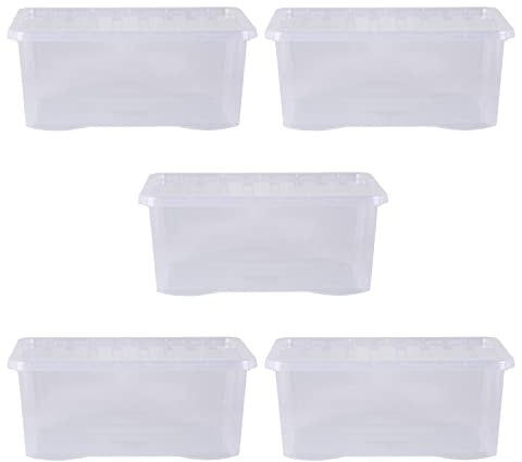 Wham Crystal 5 x 45L Stackable Plastic Storage Boxes with Lids | Ideal for Home, Office, Toys & More | Large Boxes | Made in UK - Clear