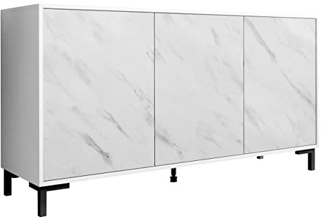 Kommode Meranta mit 3 Türen, Anrichte, Flurschrank, Mehrzweckschrank, Flurkommode, Kommodenschrank, Standschrank, Highboard, Sideboard, Wohnzimmer (weiß/weißer Marmor, Modell: 150 cm)
