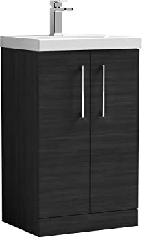 nuie ARN601A Arno Modern Bathroom Floor Standing 2 Door Vanity Unit with Mid-Edge Ceramic Basin, 500mm, Woodgrain Charcoal Black