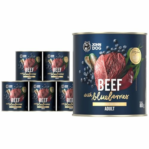 John Dog Hundefutter für Hunde Berry Line Rind mit Heidelbeeren - Getreidefrei Hundenassfutter mit Superfoods und 96% Fleisch & Innereien - Nassfutter für Erwachsene Hunde 6 x 800g