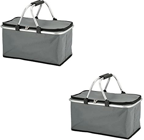 Novaliv 2X Einkaufskorb faltbar mit Kühlfunktion 30 Liter GRAU Isolierkorb mit gepolsterten Tragegriffen und Reißverschluss am Deckel Tragekorb