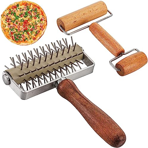 LOSYHU Dough Docker Roller Stainless Steel and Wooden Dough Roller, Set of 2 Pizza Pin Roller Dough Hole Maker Wood Pastry Pizza Roller for Pizza, Cookie, Pie, Pastry, Bread, Crust