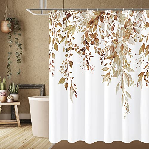 Gibelle Duschvorhang mit Blumenmuster, lang, 183 x 198 cm, braune Blumen, Duschvorhang für Badezimmer, Aquarellpflanze, Eukalyptusblätter, Stoff-Duschvorhang-Set