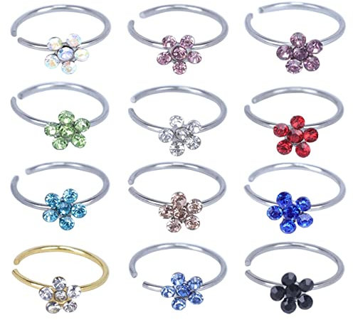 Anneau Nez Acier Chirurgical, Piercing Septum Zirconium de Argent Or Strass Couleur Fleur Ronde Ouverte 12Pcs