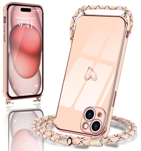 Micoden Handykette kompatibel mit iPhone 15 hülle Ultra dünn Kameraschutz Herz Love Design Galvanik Silikon Bumper Case Kordel zum Umhängen Handyhülle mit Band Schutzhülle,Rosa