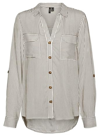 VERO Moda Womens Bumpy l s Shirt, Silver Mink/Stripes: Snow White, S