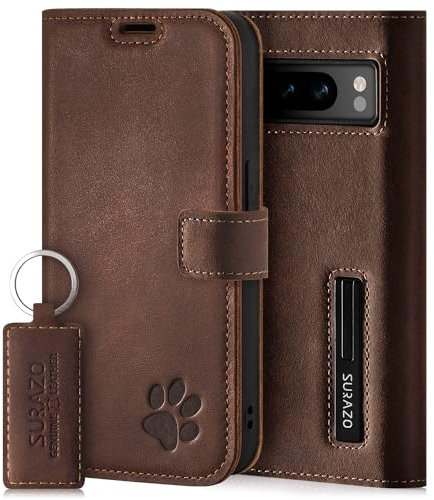 SURAZO Wallet Handyhülle für Google Pixel 8 Pro Hülle Leder – Echtleder Schutzhülle mit Pfote Motiv – RFID Klapphülle [ Magnet, Standfunktion, Kartenfach ] Flip Cover Case Lederhülle (Nussbraun)