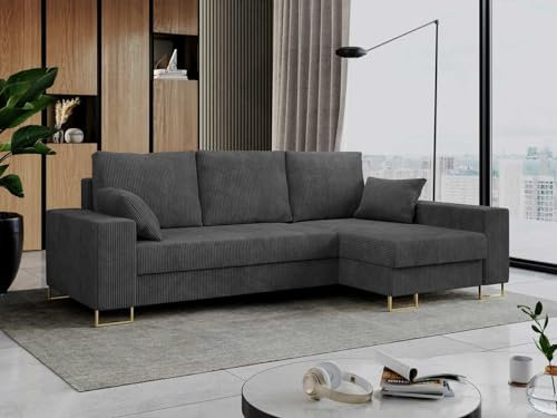 MKS MEBLE Cord Ecksofa - L-Form Cord Sofa mit Schlaffunktion - Wohnlandschaft L Form, Ecksofa mit Schlaffunktion und Bettkasten, Schlafsofa mit Bettkasten, Couch mit Schlaffunktion - Dunkelgrau Dorian
