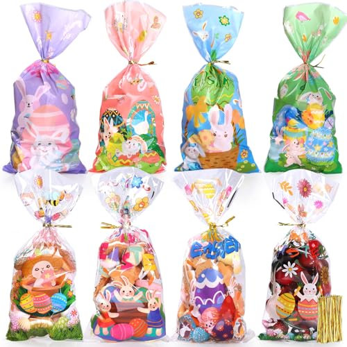 Bigqin 100 Stück Zellophantüten Ostern, Süßigkeiten Tüten Transparent Geschenktüten Plastik, Ostern Verpackungstüten mit 120 Twist Krawatten für Kinder Partyzubehör - 27 x 12,5 cm
