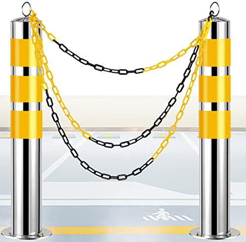 Sicherheitspollerpfosten mit reflektierendem Band, Hochleistungspoller mit 5 m Absperrkette, 2er-Pack Parkkegel für bessere Sichtbarkeit bei Nacht (650 mm H x 76 mm T (25,6 Zoll H x 3 Zoll T)) (650 m