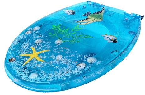 Ocean Series Art Slow Close Resin Toilet Seat Lid with Cover, with Blue Fish Starfish Cover Acrylic Seats Ocean Series 3D Effects Decorative, for U/V/O Type Toilet, Load Capacity 150KG