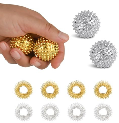 Bohoray 12 Stück Akupressur Ball Set, 4 Magnetic Acupressure Balls & 8 Massageringe für Finger, 32mm Igelball Klein, 25mm Akupressur Ring, Skill Ball für Stress Relief Oder Massage (Sliver + Gold)