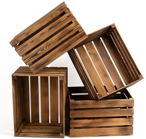 PINEEA Holzkisten Groß - Obstkisten Holz - Deko Weinkisten - 4 Stück Geflammt Vintage Holzbox 50x40x30